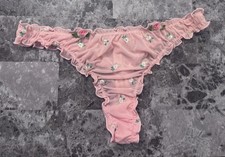 VICTORIA'S SECRET L PINK FLORAL APPLIQUE MESH RUFFLE VINTAGE RARE THONG PANTIES