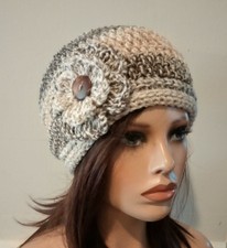 handmade crochet womans flower hat beanie simply crossword brown puffs new