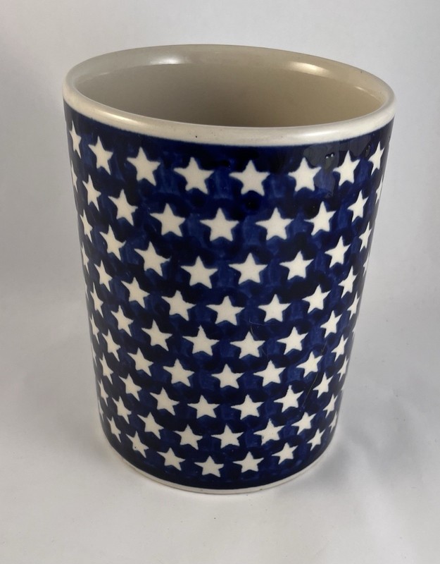 Polish Pottery Boleslawiec kitchen utensil holder container 7" stars white blue