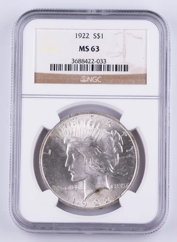 Certified 1922 Peace Dollar NGC MS63 Silver $1 