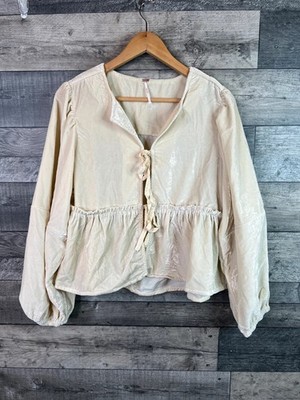 Free People Brunch Babe Blouse Top Size Small Oversize Ivory Velvet Tie Boho