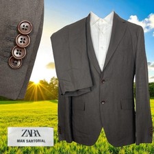 Zara 2 Piece Suit Mens 40R 38x33 Brown Solid Linen Double Vented Two Buttons