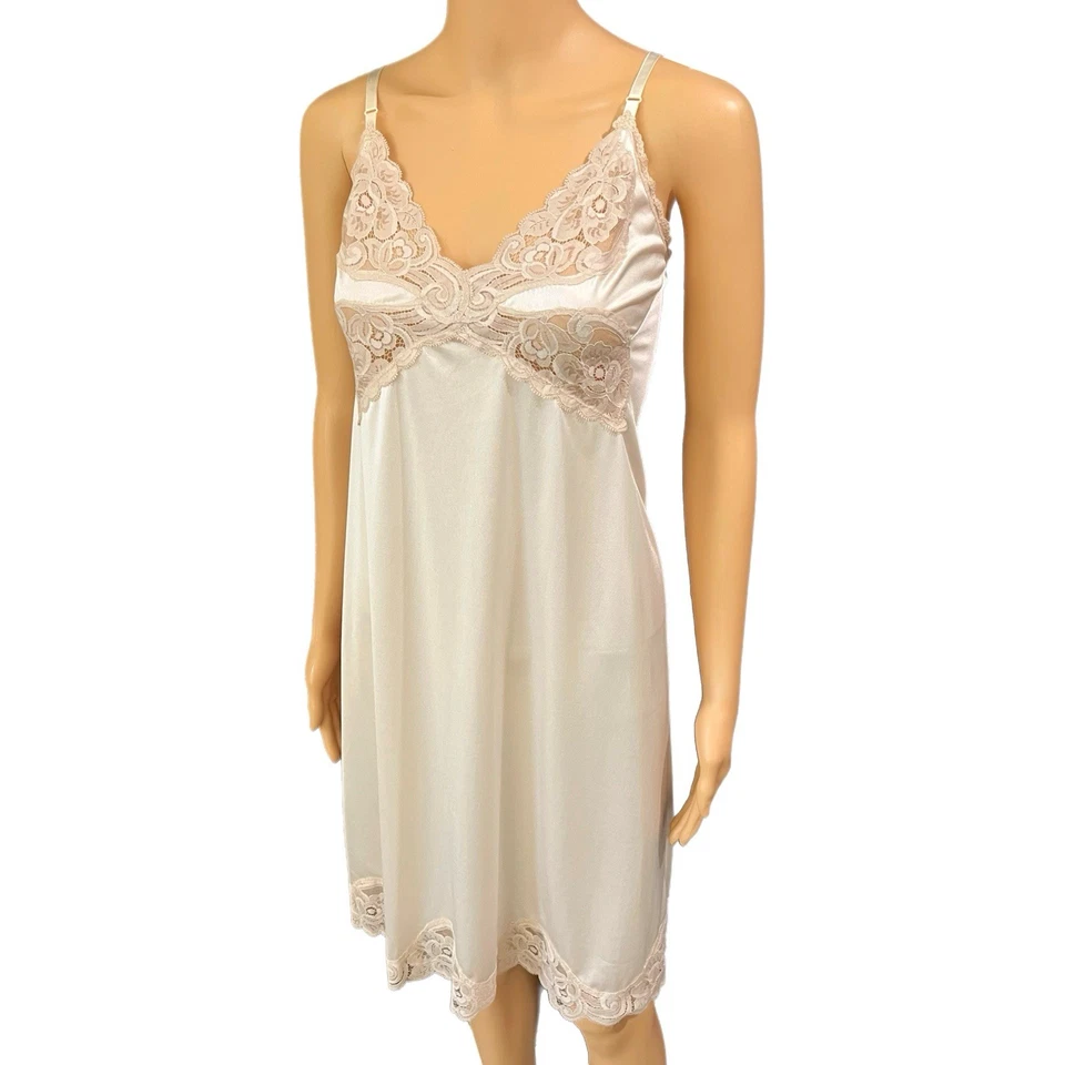 Vestido Lencería Vintage Vanity Fair Años 70 Champagne Nylon Encaje Ribete Sin Mangas - Talla 38 Foto 2 de 4