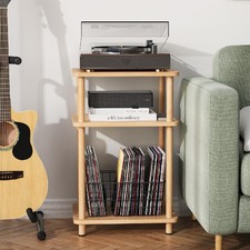 3 Tier End Table Record Player Stand with Storage Shelf Wooden Vinyl Record N...