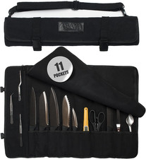 Canvas Chef Knife Roll Bag - 10 Knife Slots and a Large Zipper Pocket - Durable