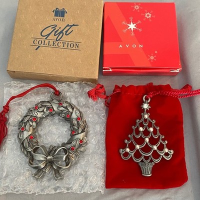 Avon 2004 Pewter Christmas Tree Ornament & 2005 Wreath Ornament Gift Collection