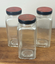 Vintage Whitall Tatum Set of 3 Square Glass Pantry Storage Jars Red Metal Lids