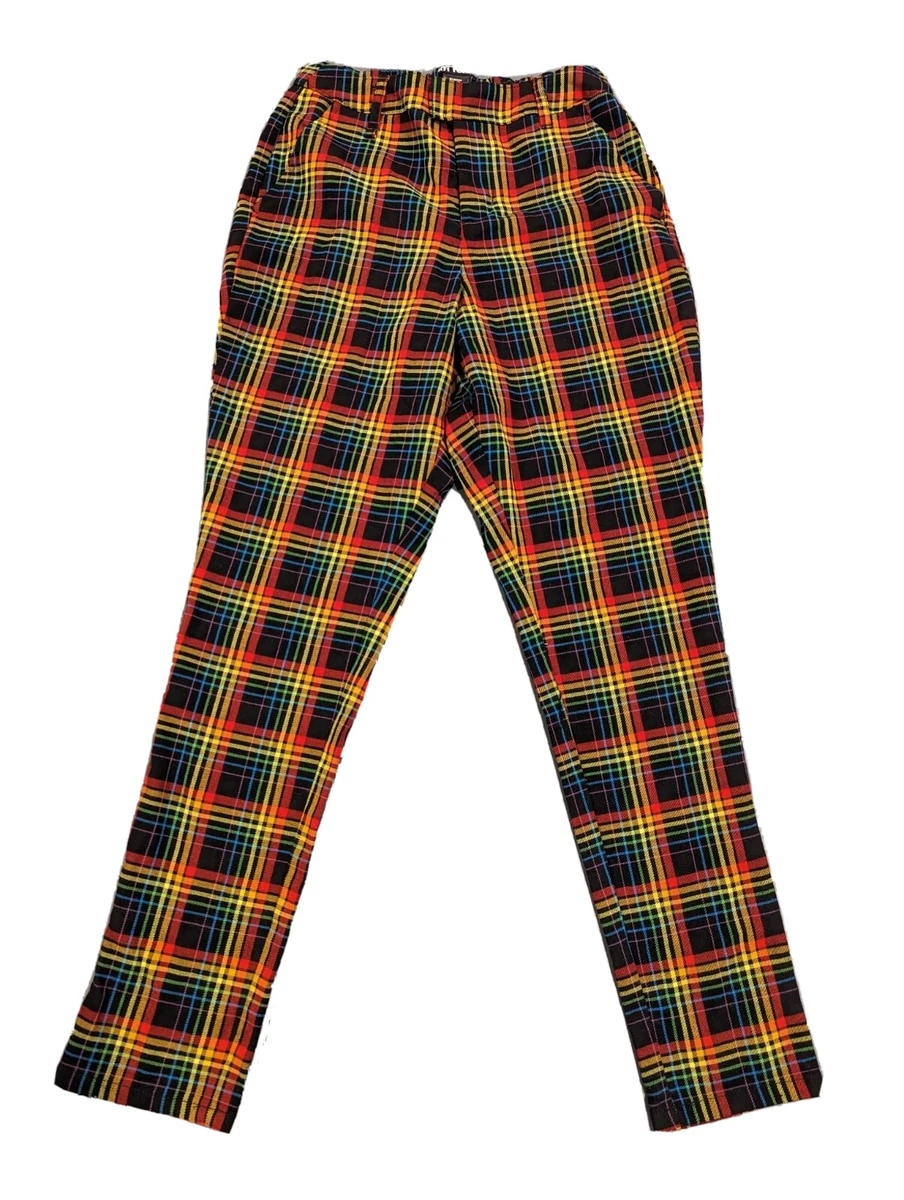 HOT TOPIC Womens Rainbow Black Plaid Pants PUNK Mid Rise Juniors Size Small  4-6