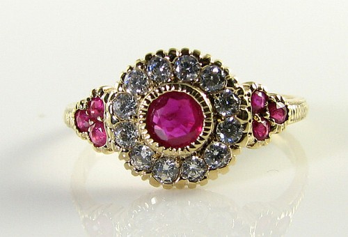 DIVINE 9K 9CT GOLD INDIAN RUBY DIAMOND ART DECO INS CLUSTER RING FREE RESIZE - Picture 3 of 5
