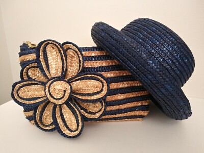 Lot of Straw Rolled Brim Blue Woven Straw Sun Hat and Straw Bag