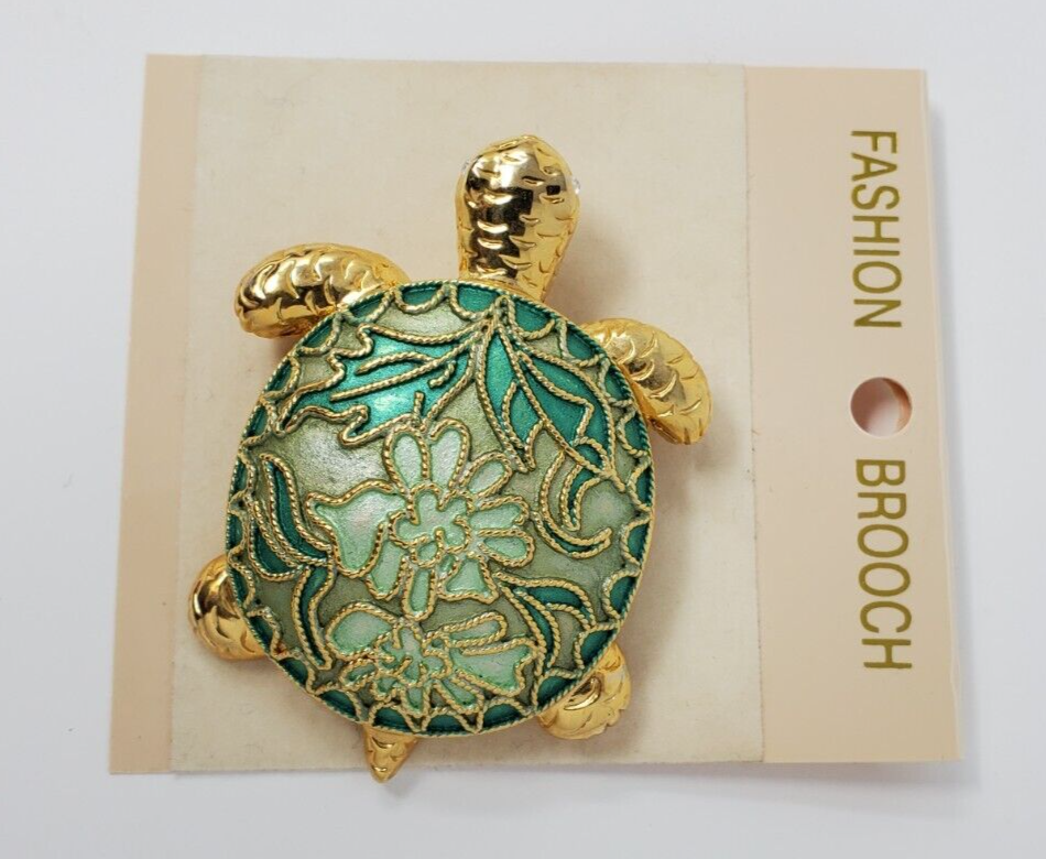 Cloisonné Green Enamel Turtle Brooch Pin in Gold Tone