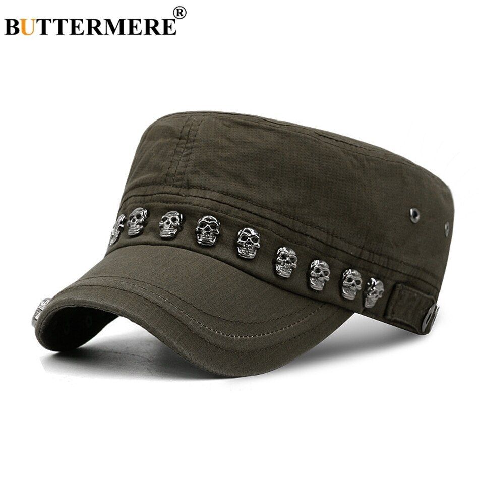 【threetimes】25ss Vintage rivet hunting cap Punk Rock Military Hat - Skull Rivet Cotton Army Caps Casual