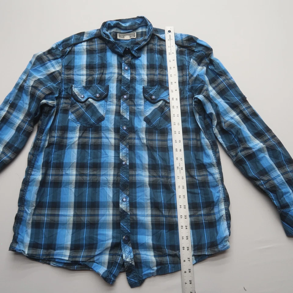 INC Mens Pearl Snap Shirt Size Large Blue Plaid Cotton Western Rodeo - Image 4 of 4
