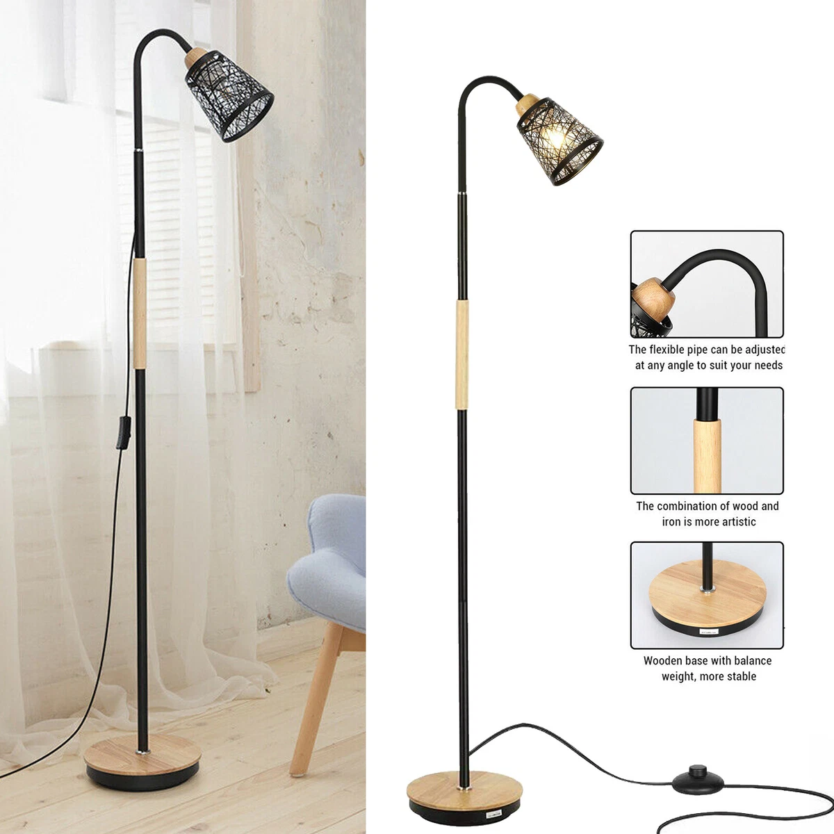 Floor Lamp Gooseneck Standing Lamp Modern Bedroom Adjustable Reading Lamp Black