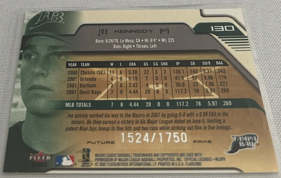 2002 Flair Baseball Joe Kennedy Tampa Bay Rays Future Fame #130 #d 1524/1750 - Image 2 of 3