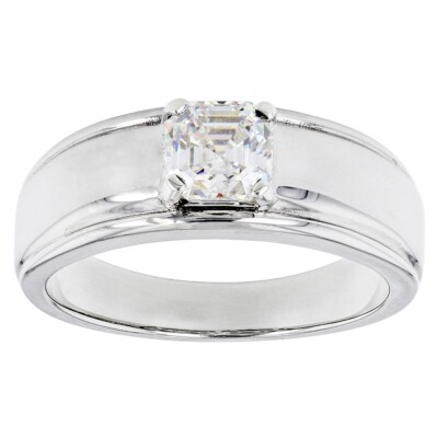 1.40 Ct Asscher Cut Moissanite 14K White Gold Over Solitaire Band Ring For Men's