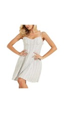Guess Women Aileen Tie Back Knee Summer Midi Dress Linen Cotton Large Stripe NWT