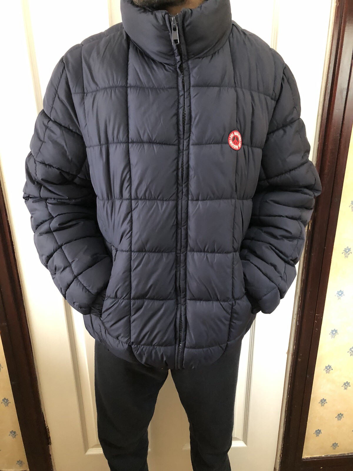 LOVE MOSCHINO Mens Designer Navy Blue Padded Puffer Coat Medium