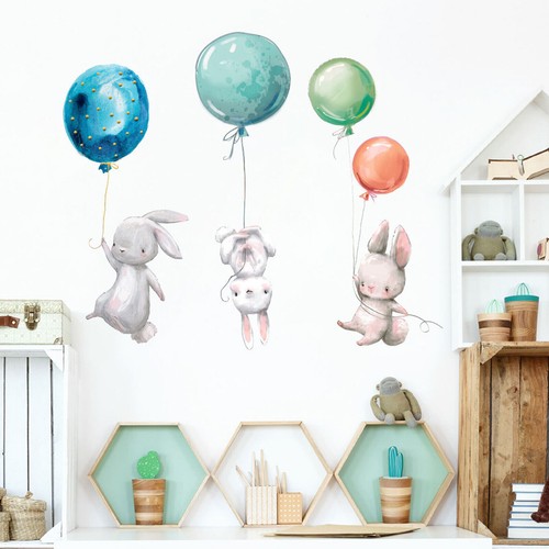 Adesivo murale simpatico coniglietto palloncino bambini cameretta asilo decorazione vinile decalcomania murale regalo - Foto 2 di 7