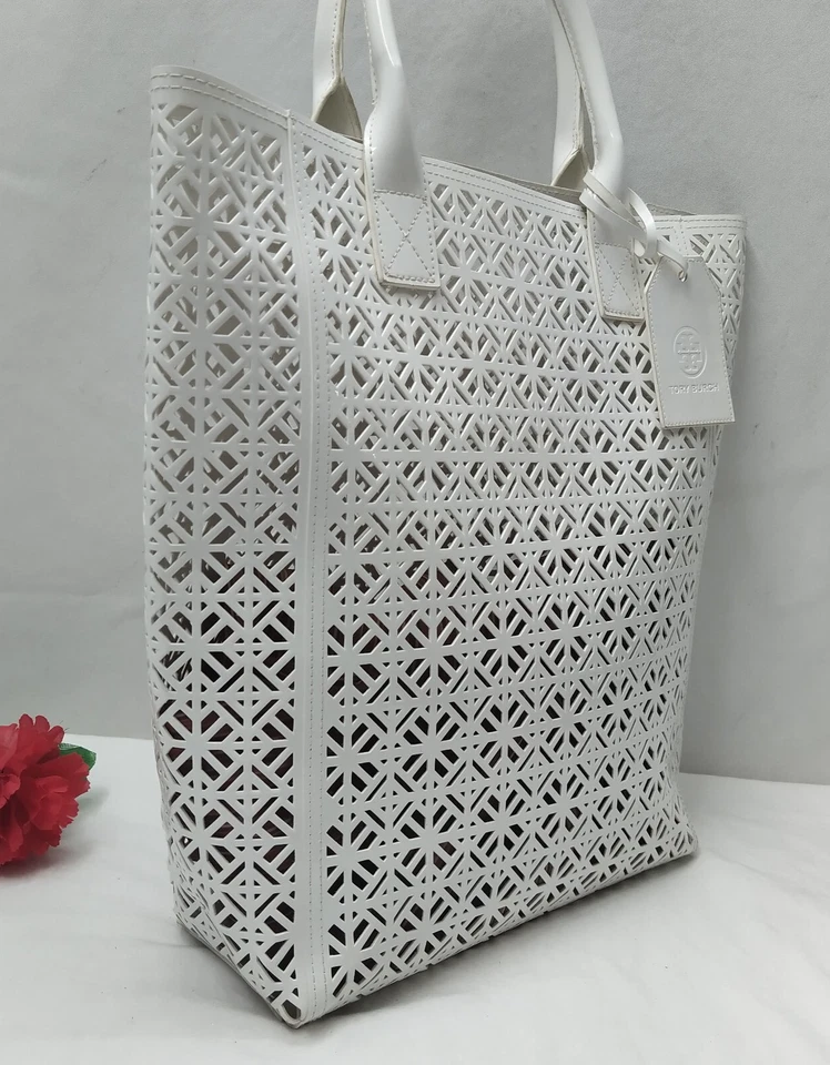 Tory Burch White Laser Cut Floral Double Handles Shopper Beach Tote Bag - Image 3 of 4