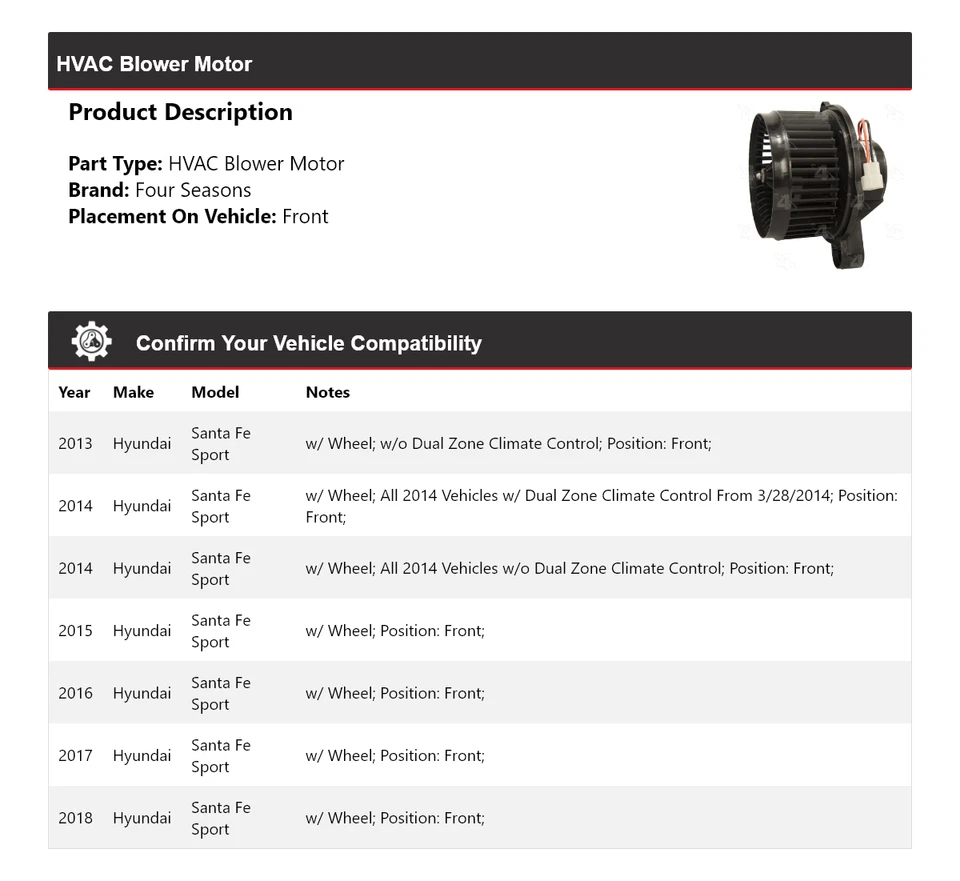 Soplador de climatización deportivo para Hyundai Santa Fe 2013-2018 motor delantero 4 estaciones 2014 2015 Foto 2 de 4
