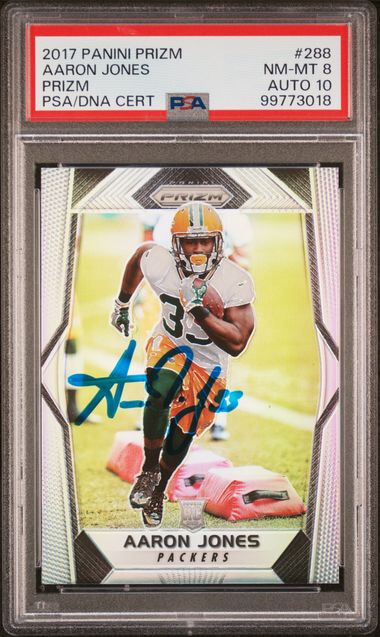 2017 Aaron Jones signed ROOKIE card Panini Prizm Silver #288 PSA 8 AUTO 10 RC