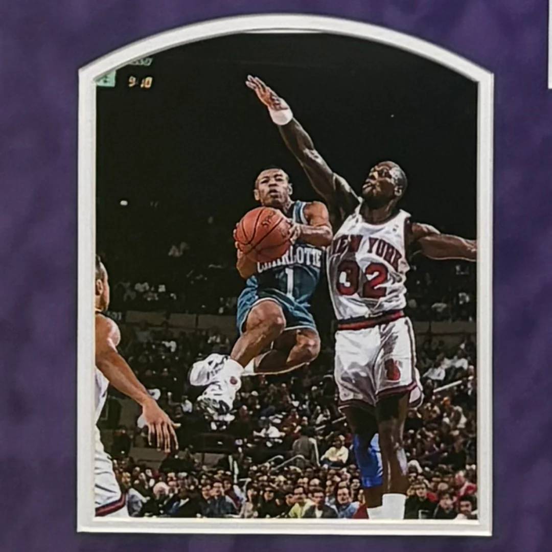 Muggsy Bogues Signed Charlotte Blue Custom Suede Matte Framed