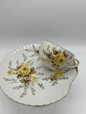 Tea Cup and  8” Snack Plate Yellow Rose Flowers Shell Shaped Gold Trim Tea Party