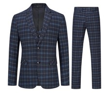 Plaid Men's Suits 3 Piece Slim Fit Formal Business Blazer Wedding Tuxedo 3X Navy