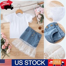2PCS Newborn Infant Baby Girl Crew Neck T-shirt  Denim Lace Skirt Outfit Set