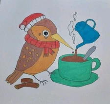 GAT Original Painting Hot Cocoa  Bird Art Signed 8x8 Home Decor Impressionist