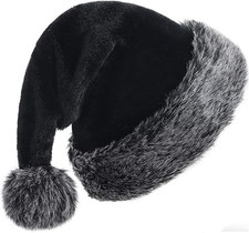 Black Plush Santa Hat Christmas Holiday Hat Unisex Fluffy Xmas Cap