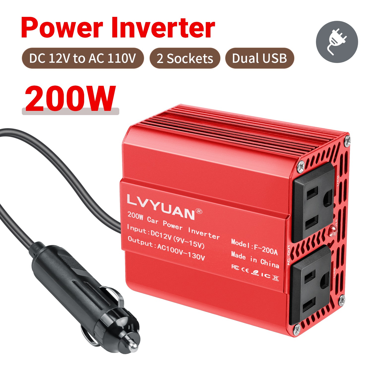 Red 200W Car Van Power Inverter DC 12V to AC 110V 120V Conve