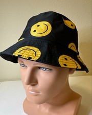 Black Bucket Hat with Yellow Smiley Face Pattern