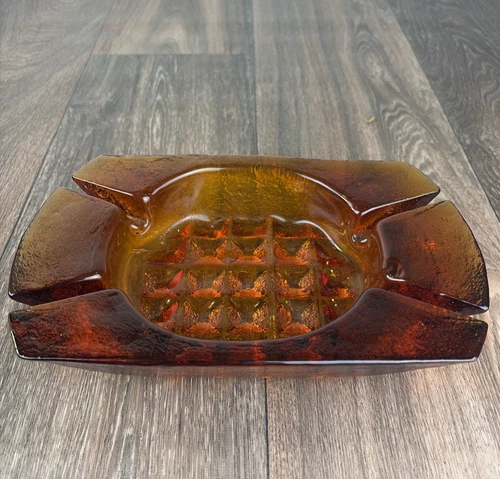 VTG MCM Blenko 9.5"x6"  Amber Glass Art Waffle Ashtray Rectangle Myers Nickerson