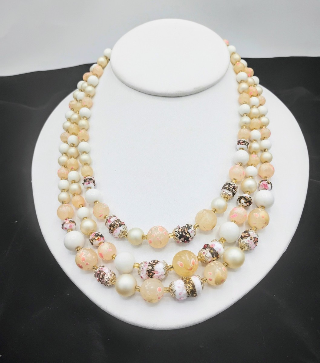 Vintage Japan Necklace 3 Stranded Pink, White Beads Sugar