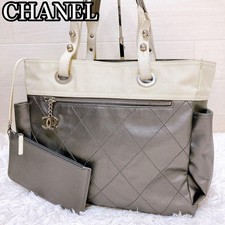 CHANEL Paris Biarritz GM Silver Ivory Tote Bag Handbag Serial Number 11 Used