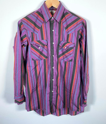 80s Ely Cattleman Shirt Men's Medium Purple Stripe Western Style Snap Button