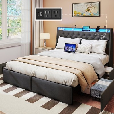 Full Size Bed Frame with Storage Headboard and 4 Drawer, Metal Full Bed Platform