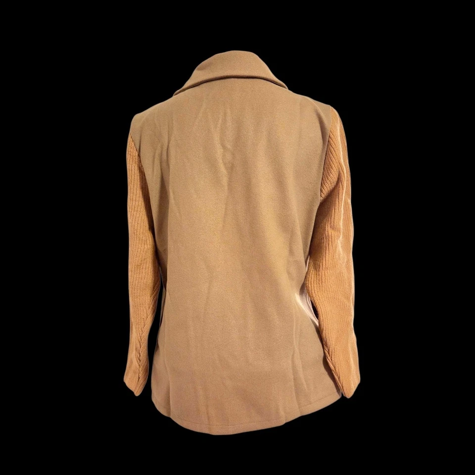 Camel Double Breasted Blazer Mixed Media Knit Sleeves Tan Large - Image 3 of 4