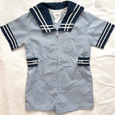 Vintage Made in USA Baby Boys Nautical Sailor Blue Romper One Piece 2T zip up
