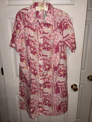 NWT National L House Dress Pink Patchwork Floral Pearl Snap Patio Muumuu Pockets