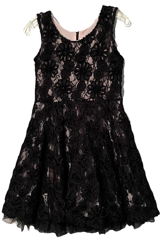 Sz 16 Girls Black 3-D Like Floral Lace Overlay Lilac Lining Sleeveless Dress