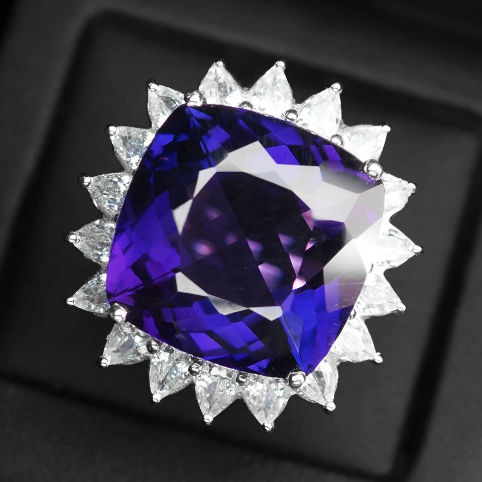 Cuscino ametista viola fluo 25,50 ct argento sterling 925 anelli floreali... - Immagine 2 di 4