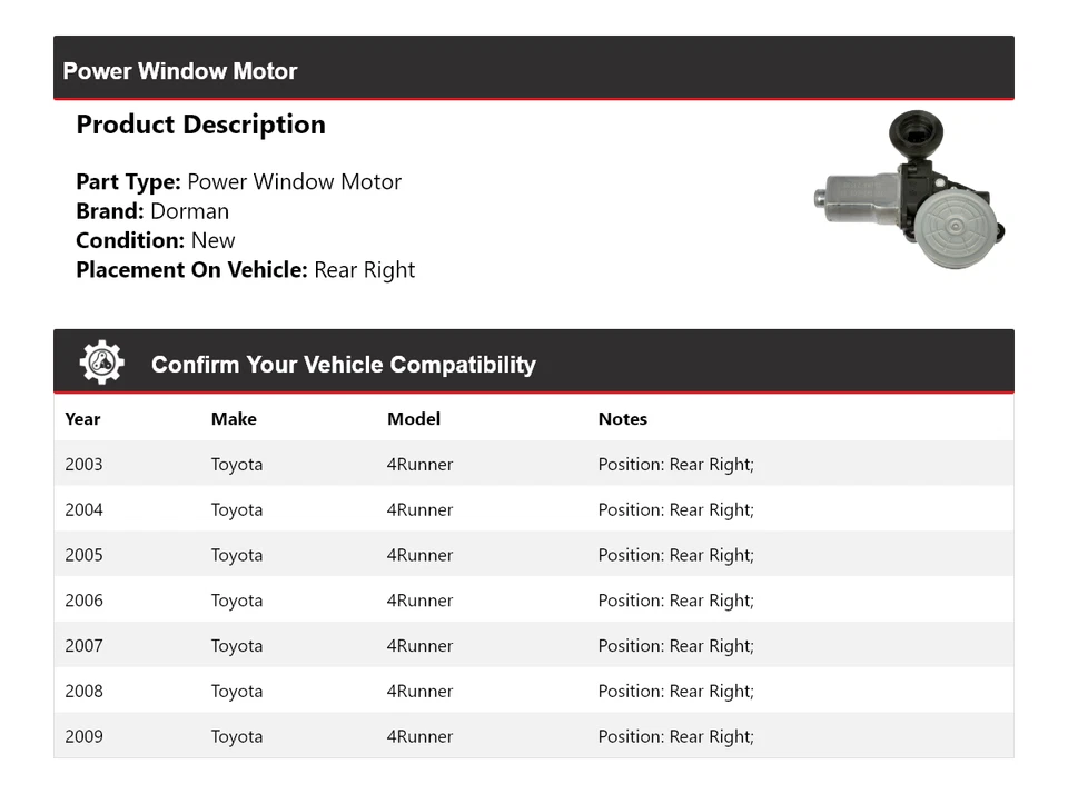 Motor de ventana eléctrica trasero derecho Toyota 4Runner Dorman 2003-2009 2004 2005 2006 Foto 2 de 4