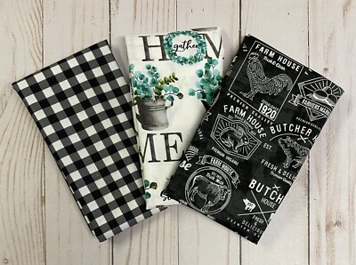 Fabric FQ Fat Quarters Set 3 Black White Teal Farmhouse Floral Check 100% Cotton
