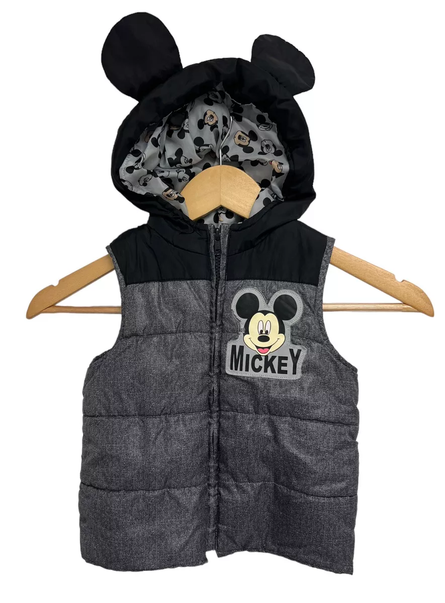 Disney Toddler Kids Sleeveless Gray Mickey Mouse Hooded Zip Up Vest Size 3T