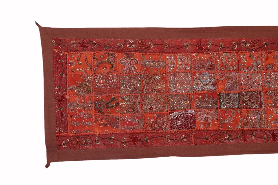 Indian Decor Vintage Textile Wall Tapestry Embroidery Sari Art Table Runner 60in - Image 2 of 4