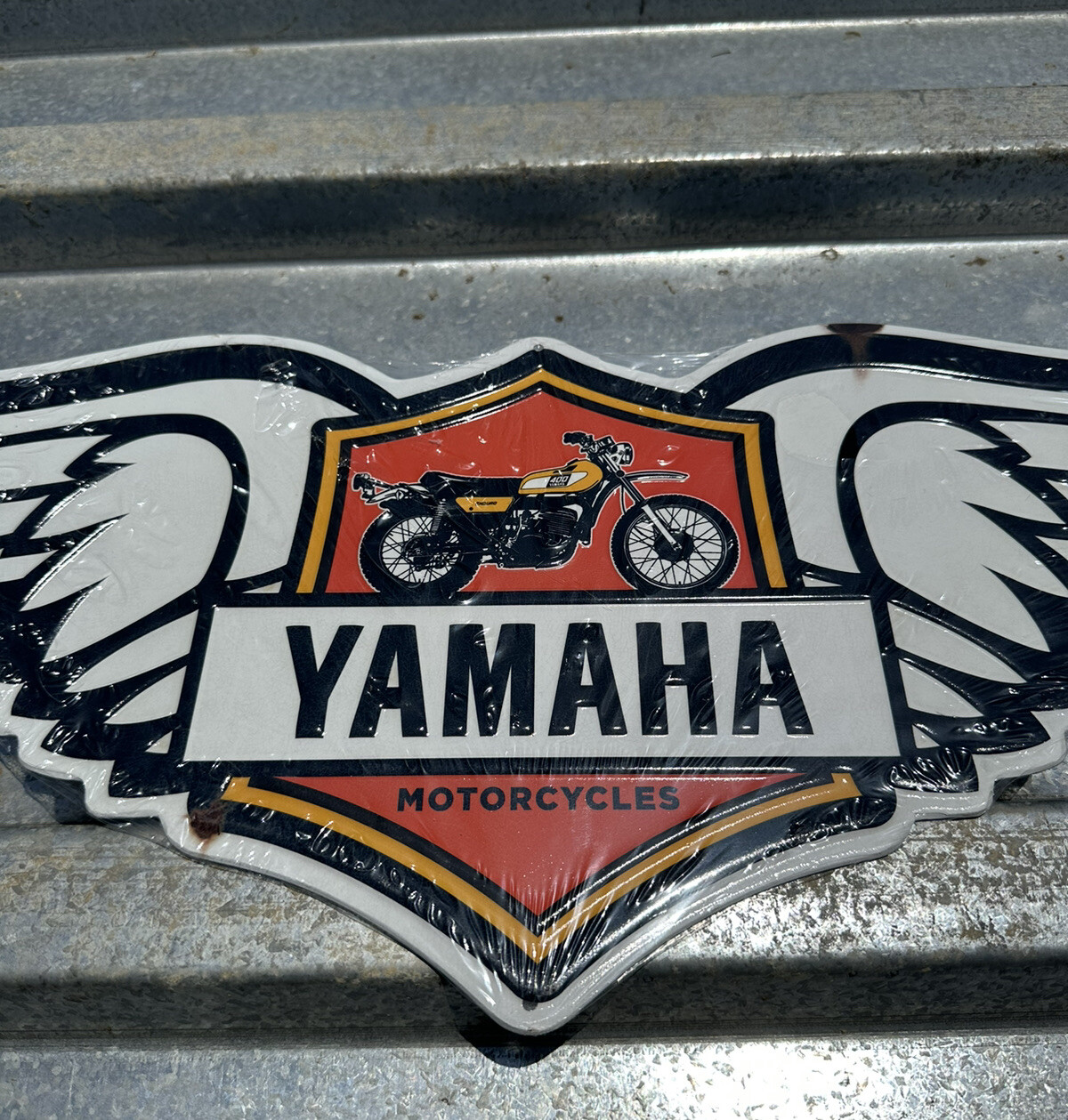 RARE! VINTAGE Rustic Style Yamaha Motorcycles 30" Metal Sign Embossed w/ Wings