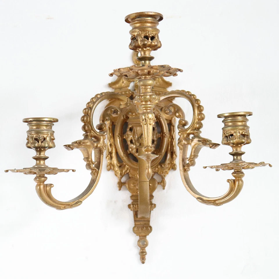 Pair Antique French Renaissance Revival Brass 3-Candlelight Wall Sconces c. 1890 - Image 3 of 4